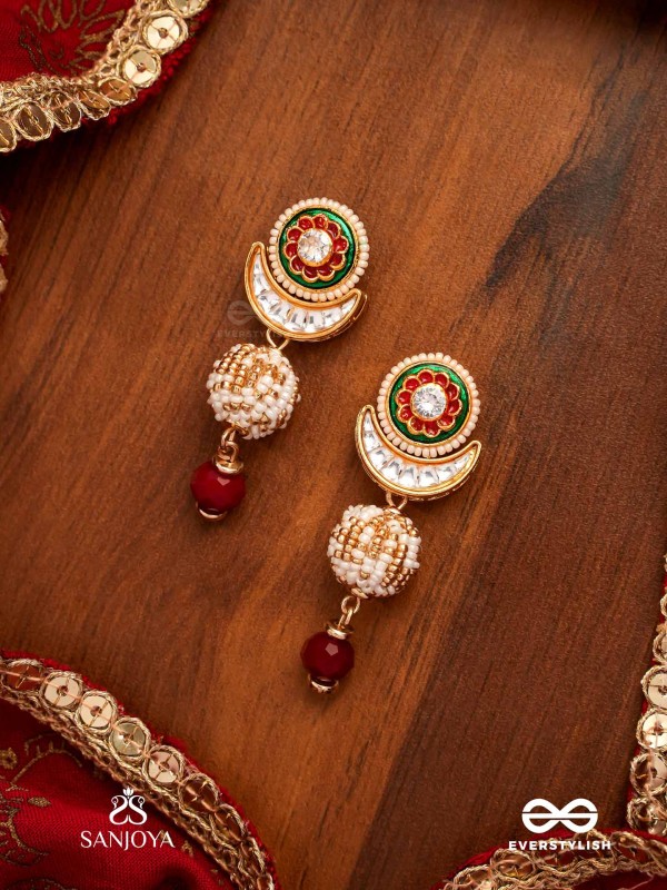 SHASHIRATNA - MOON GEM- MINIMALISTIC KUNDAN ENAMEL EARRINGS WITH FLORAL CENTER, PEARL SPHERES AND CELESTIAL DESIGN