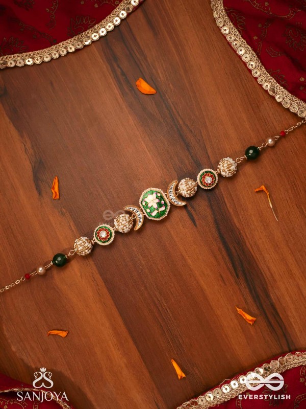 SHASHIRATNA - MOON GEM- MINIMALISTIC KUNDAN ENAMEL NECKLACE WITH FLORAL CENTER, PEARL SPHERES AND CELESTIAL DESIGN