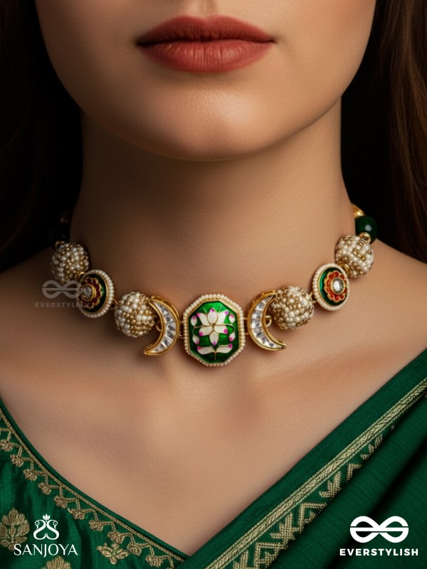 SHASHIRATNA - MOON GEM- MINIMALISTIC KUNDAN ENAMEL NECKLACE WITH FLORAL CENTER, PEARL SPHERES AND CELESTIAL DESIGN