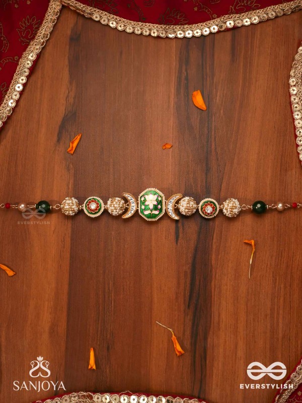 SHASHIRATNA - MOON GEM- MINIMALISTIC KUNDAN ENAMEL NECKLACE WITH FLORAL CENTER, PEARL SPHERES AND CELESTIAL DESIGN