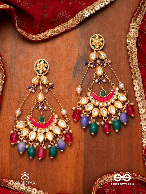 RANGAMAYA - FILLED WITH COLORS- INTRICATE KUNDAN CRESCENTS ENAMELLED EARRINGS WITH VIBRANT BEADED FRINGES AND PEARLS
