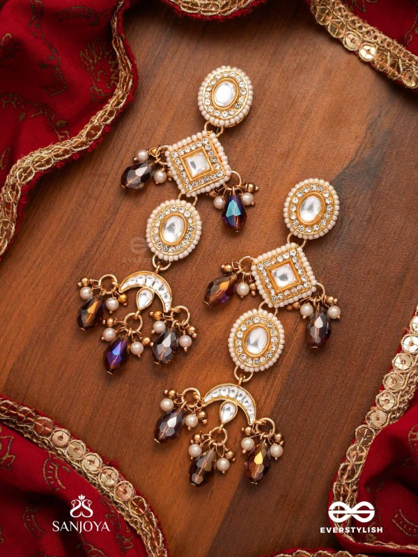 SHYAMALA - DUSKY QUEEN- GEOMETRIC POLKI EARRINGS WITH RICH GLASS DROPS AND PEARLS