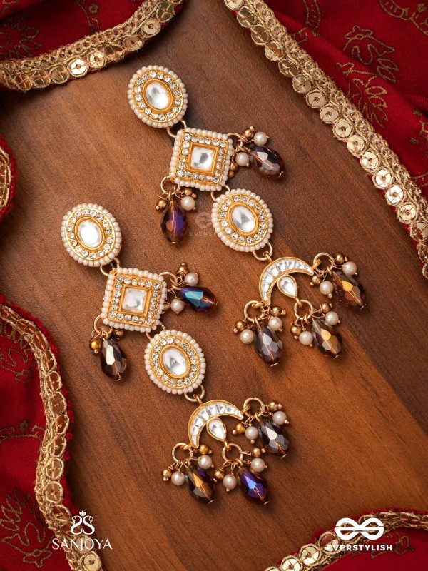 SHYAMALA - DUSKY QUEEN- GEOMETRIC POLKI EARRINGS WITH RICH GLASS DROPS AND PEARLS