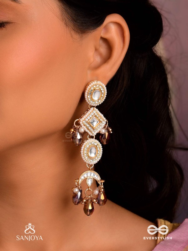 SHYAMALA - DUSKY QUEEN- GEOMETRIC POLKI EARRINGS WITH RICH GLASS DROPS AND PEARLS