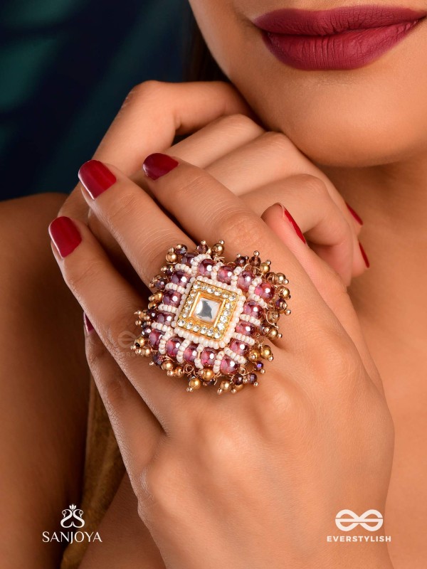 SHYAMALA - DUSKY QUEEN- GEOMETRIC POLKI RING WITH RICH GLASS DROPS AND PEARLS
