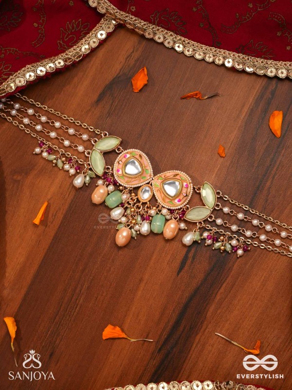 VASANTILATA - SPRING VINE- CHARMING PASTEL KUNDAN NECKLACE WITH GEMSTONES, BEADS AND PEARL DROPS