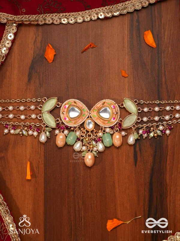 VASANTILATA - SPRING VINE- CHARMING PASTEL KUNDAN NECKLACE WITH GEMSTONES, BEADS AND PEARL DROPS