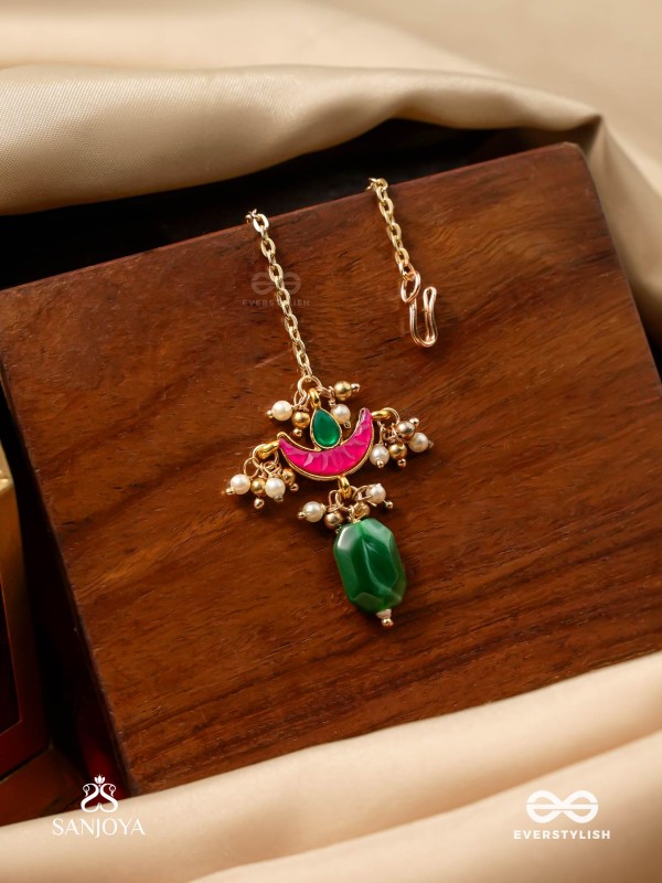 NILACHAPA - BLUE-GREEN ARC- DARK EMERALD GREEN TEXTURED MAANGTIKA WITH KUNDAN AND PEARLS