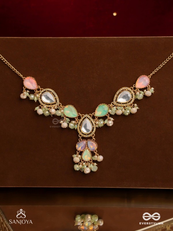 PRITHULAA - DELICATE DROP- PASTEL DROPS KUNDAN NECKPIECE WITH PEARL ACCENTS, GEMSTONES AND BEADS