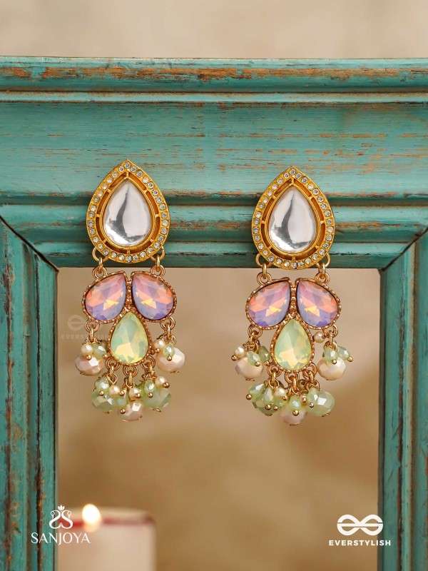PRITHULAA - DELICATE DROP- PASTEL DROPS KUNDAN EARRINGS WITH PEARL ACCENTS, GEMSTONES AND BEADS