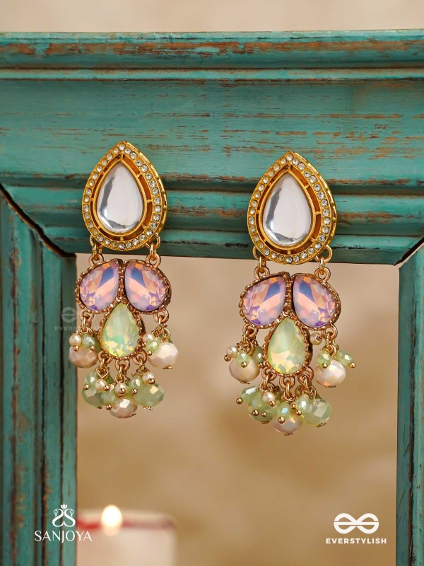 PRITHULAA - DELICATE DROP- PASTEL DROPS KUNDAN EARRINGS WITH PEARL ACCENTS, GEMSTONES AND BEADS