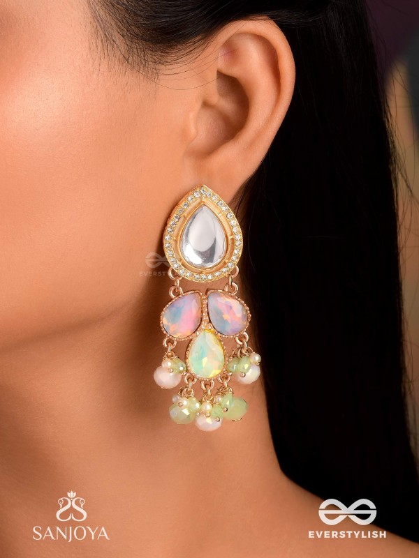 PRITHULAA - DELICATE DROP- PASTEL DROPS KUNDAN EARRINGS WITH PEARL ACCENTS, GEMSTONES AND BEADS