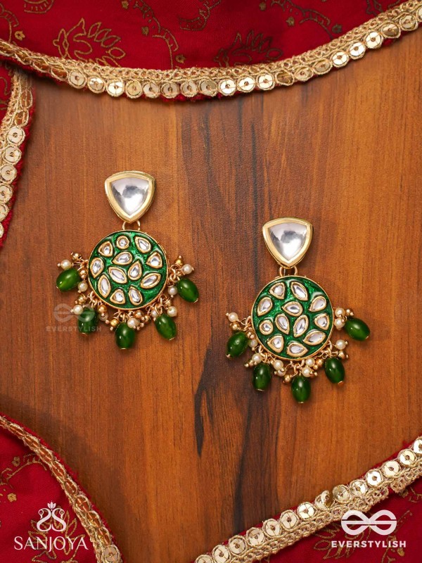 ARUNODAYA - DAWN RAYS- SYMMETRICAL KUNDAN POLKI EARRINGS WITH EMERALD GREEN ENAMEL ACCENT, PEARLS AND BEADS
