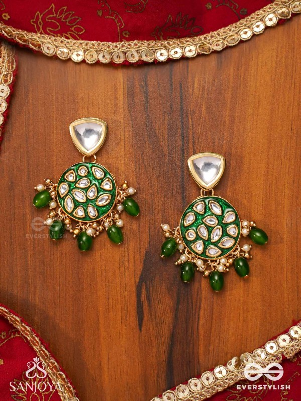 ARUNODAYA - DAWN RAYS- SYMMETRICAL KUNDAN POLKI EARRINGS WITH EMERALD GREEN ENAMEL ACCENT, PEARLS AND BEADS