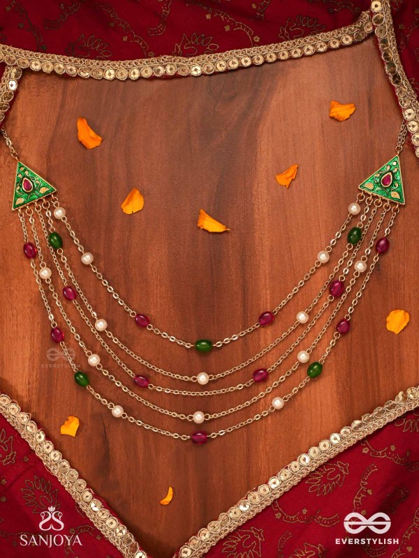 RANGLEKHA - LINES OF COLOR-  LAYERED GOLDEN CHAINED KUNDAN NECKPIECE WITH VIBRANT GEM DROPS AND FLORAL ENAMELED EDGES