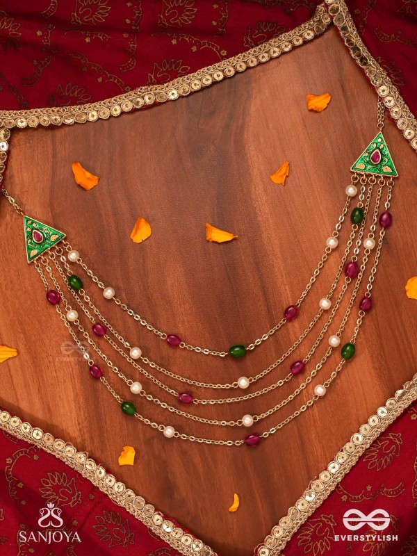 RANGLEKHA - LINES OF COLOR-  LAYERED GOLDEN CHAINED KUNDAN NECKPIECE WITH VIBRANT GEM DROPS AND FLORAL ENAMELED EDGES