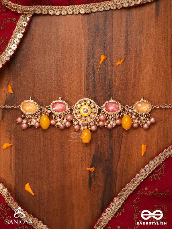 MADHUVARNIKA - HONEY HUE- SOFT FEMININE KUNDAN NECKPIECE FEATURING PEARLS AND PASTEL GEMSTONE DROPS