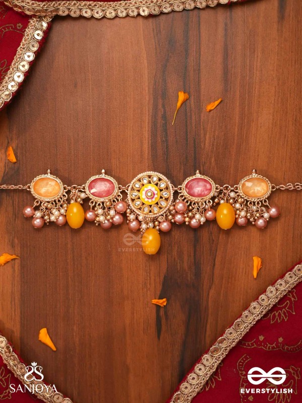 MADHUVARNIKA - HONEY HUE- SOFT FEMININE KUNDAN NECKPIECE FEATURING PEARLS AND PASTEL GEMSTONE DROPS