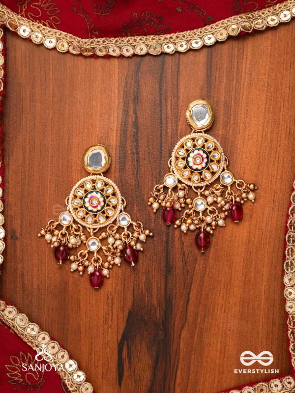 TRIBANDHURA - THREE-STRANDED BEAUTY-  KUNDAN EARRING WITH FLORAL ENAMELLED MEDALLIONS AND RUBY DROPS