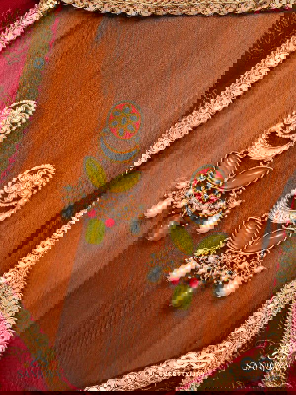 TULSIRAGA - TOUCH OF TULSI- ELEGANT PEARL LAYERED EARRINGS WITH KUNDAN, GEMSTONE AND RICH RUBY DROPLETS