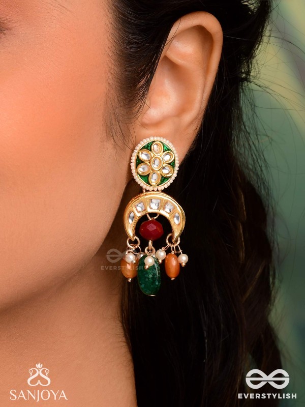 UTKALINI - EXQUISITELY DESIGNED- ENAMEL KUNDAN EARRINGS WITH LAYERED PEARL FRINGES AND VIBRANT BEADS