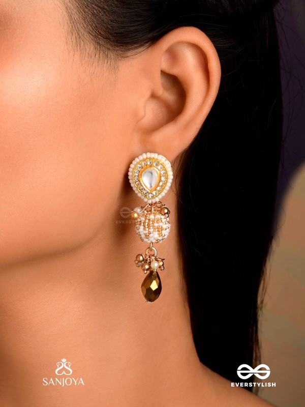 KANAKLEKHA - GOLDEN GLEAM- ROUND POLKI ACCENTED EARRINGS WITH DEWY WHITE PEARLS AND WARM EARTHY TONE BEADS
