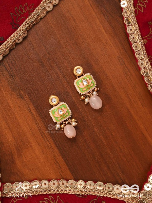 MRIDULPADMA - GENTLE LOTUS- DELICATE KUNDAN EARRINGS WITH FLORAL MOTIFS, BEADS AND PEARLS