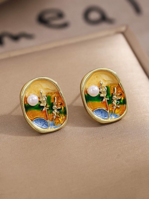 SUNLIT BLOOM-  ENAMEL EARRINGS WITH FLORAL MOTIF AND PEARLS