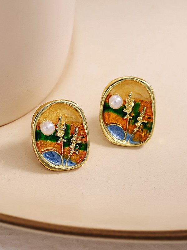 SUNLIT BLOOM-  ENAMEL EARRINGS WITH FLORAL MOTIF AND PEARLS