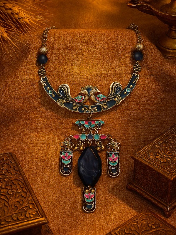 MOON DUSK - ENAMELLED OXIDISED NECKLACE WITH ENGRAVED CHARMS