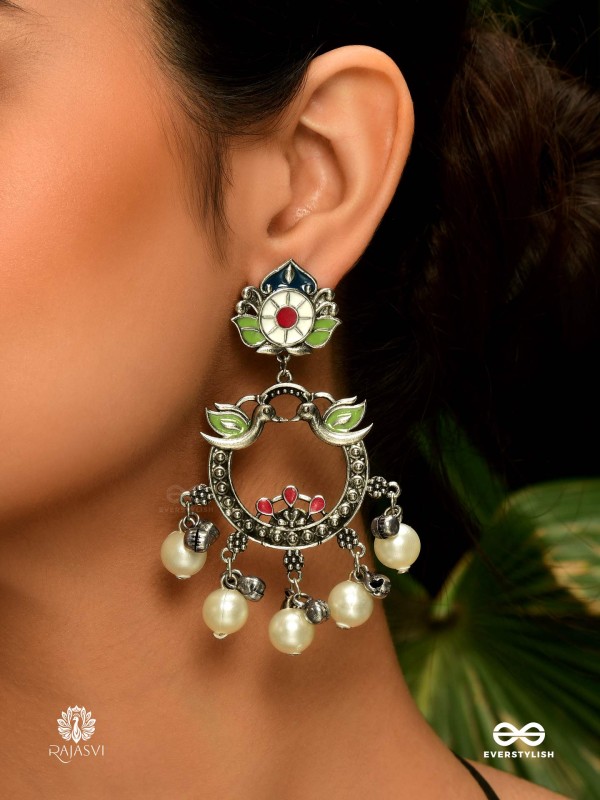 BIRDS OF BLISS – OXIDISED CHANDBALI WITH FLORAL & PEARL ACCENTS