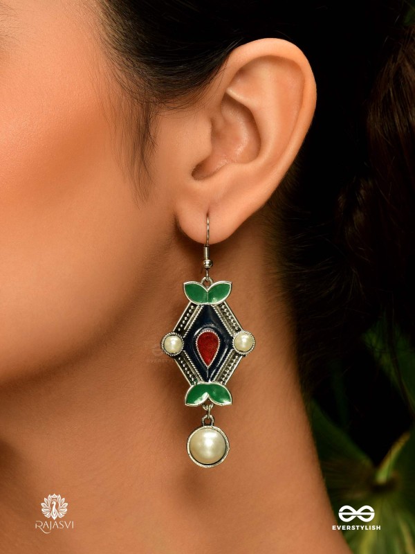 NATURE'S CHIME – ENAMELLED OXIDISED EARRING WITH PEARL DROP