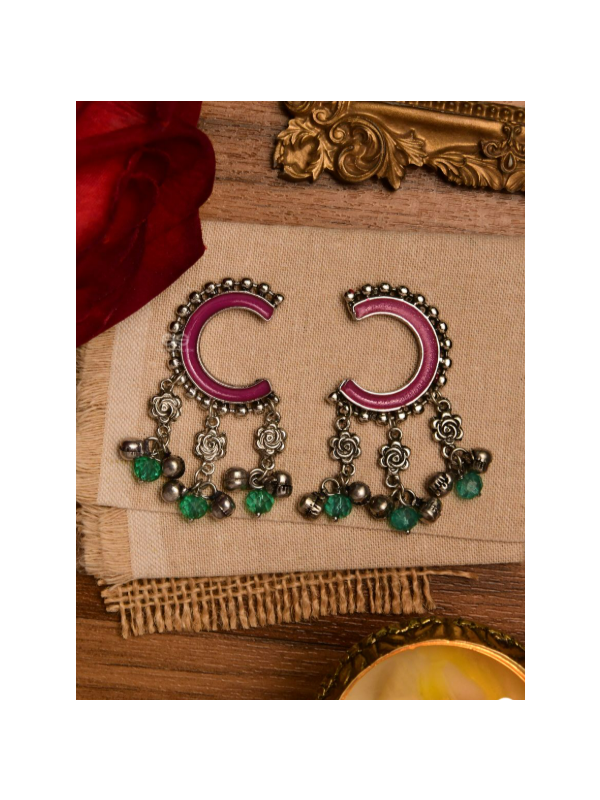 CRESCENT BLOOM – OXIDISED ENAMELLED EARRING WITH FLORAL CHARMS
