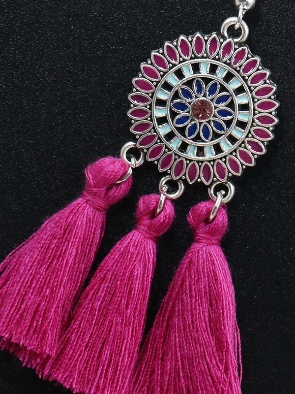 Vibrant motifs Dreamcatcher Tassel Earrings- Fuchsia