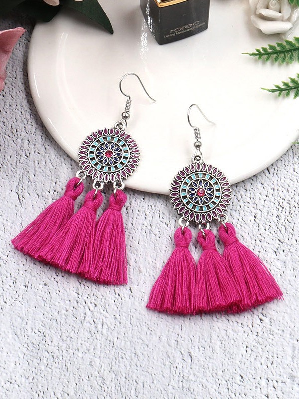 Vibrant motifs Dreamcatcher Tassel Earrings- Fuchsia