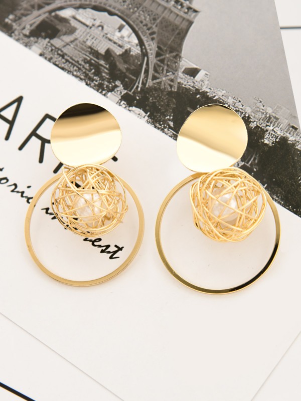 A Geometric Delight - Pearl in a Cage of Gold Earrings