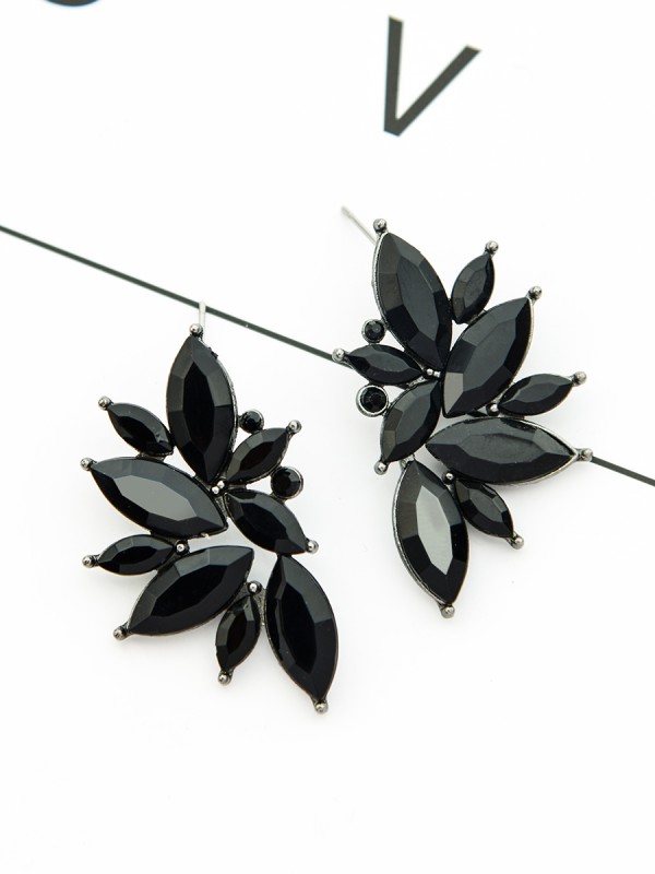 The Embellished Ferns - Statement Stud Earrings - Black