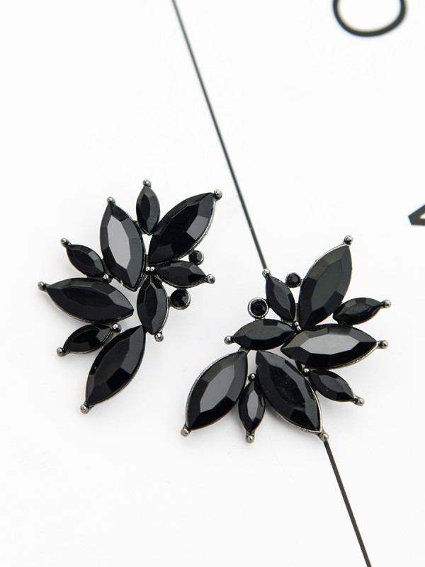 The Embellished Ferns - Statement Stud Earrings - Black