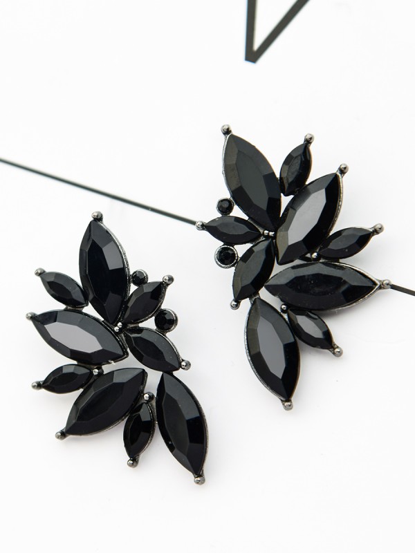 The Embellished Ferns - Statement Stud Earrings - Black