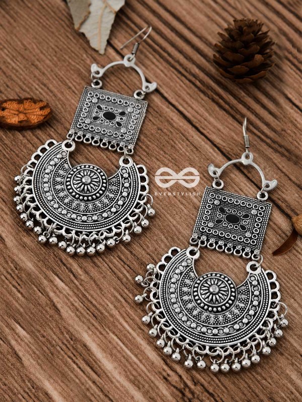 The Multilayered Embellished Trunk Danglers (Black) - Oxidised Boho Earrings