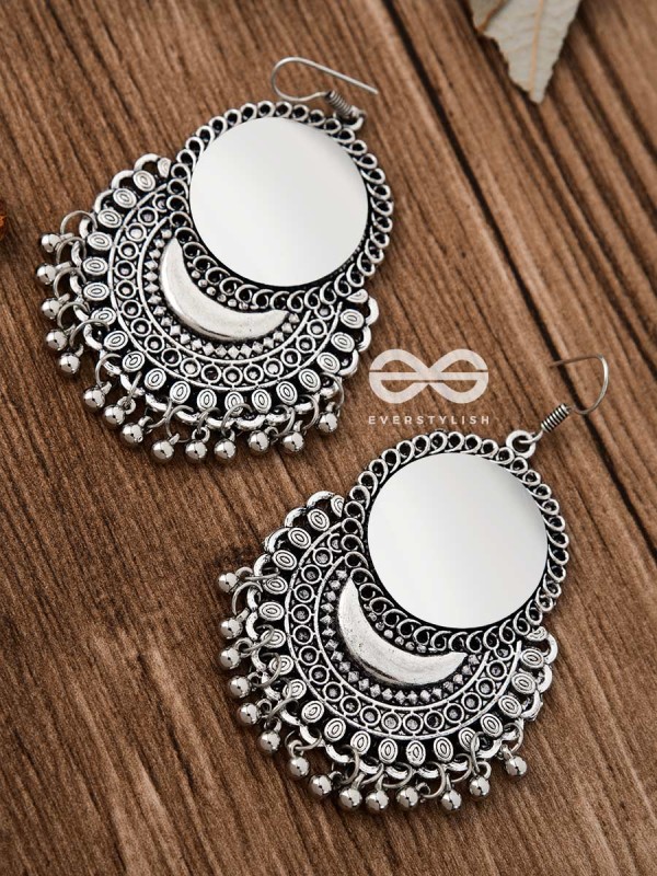 The Mirror Motif Moons - Oxidised Boho Earrings