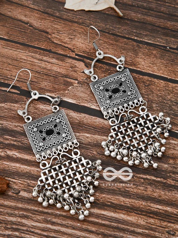 The Embellished Trunk Criss Cross Danglers (Black) - Oxidised Boho Earrings