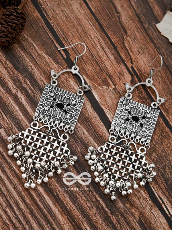 The Embellished Trunk Criss Cross Danglers (Black) - Oxidised Boho Earrings