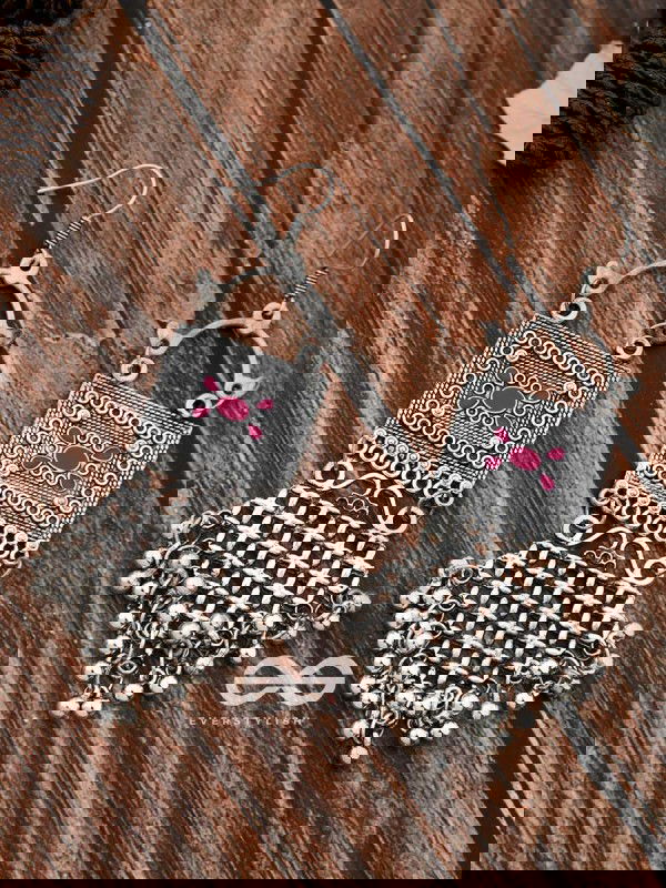 The Embellished Trunk Criss Cross Danglers (Pink) - Oxidised Boho Earrings