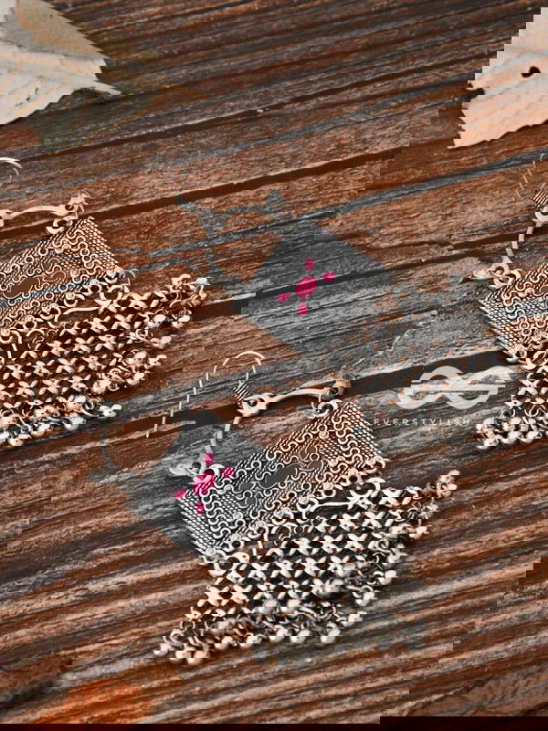 The Embellished Trunk Criss Cross Danglers (Pink) - Oxidised Boho Earrings