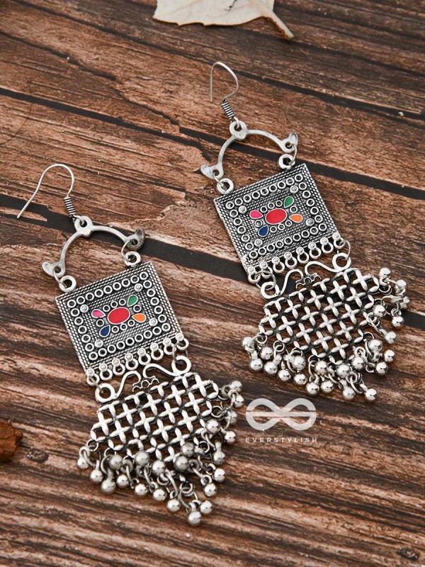 The Embellished Trunk Criss Cross Danglers (Multicolour) - Oxidised Boho Earrings