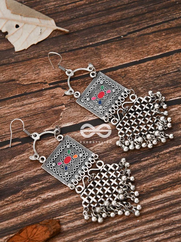 The Embellished Trunk Criss Cross Danglers (Multicolour) - Oxidised Boho Earrings