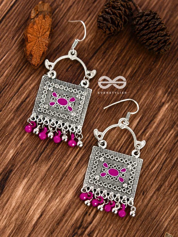 The Embellished Trunk - Oxidised Boho Earrings (Silver-Pink)