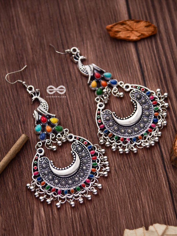 The Fanning Enamelled Peacocks - Oxidised Boho Earrings