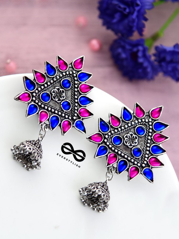 The Ethnic Wonders (Pink Blue) - Embellished Oxidised Earrings